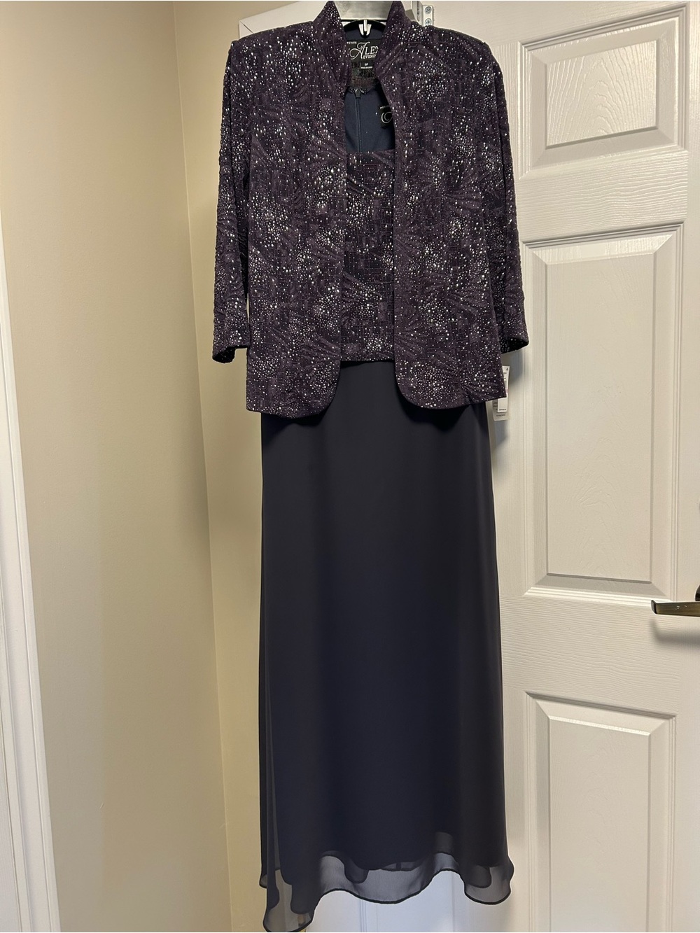 Alex Evening Sequin Mock Two-Piece
Gown with Jacket. Size 6P